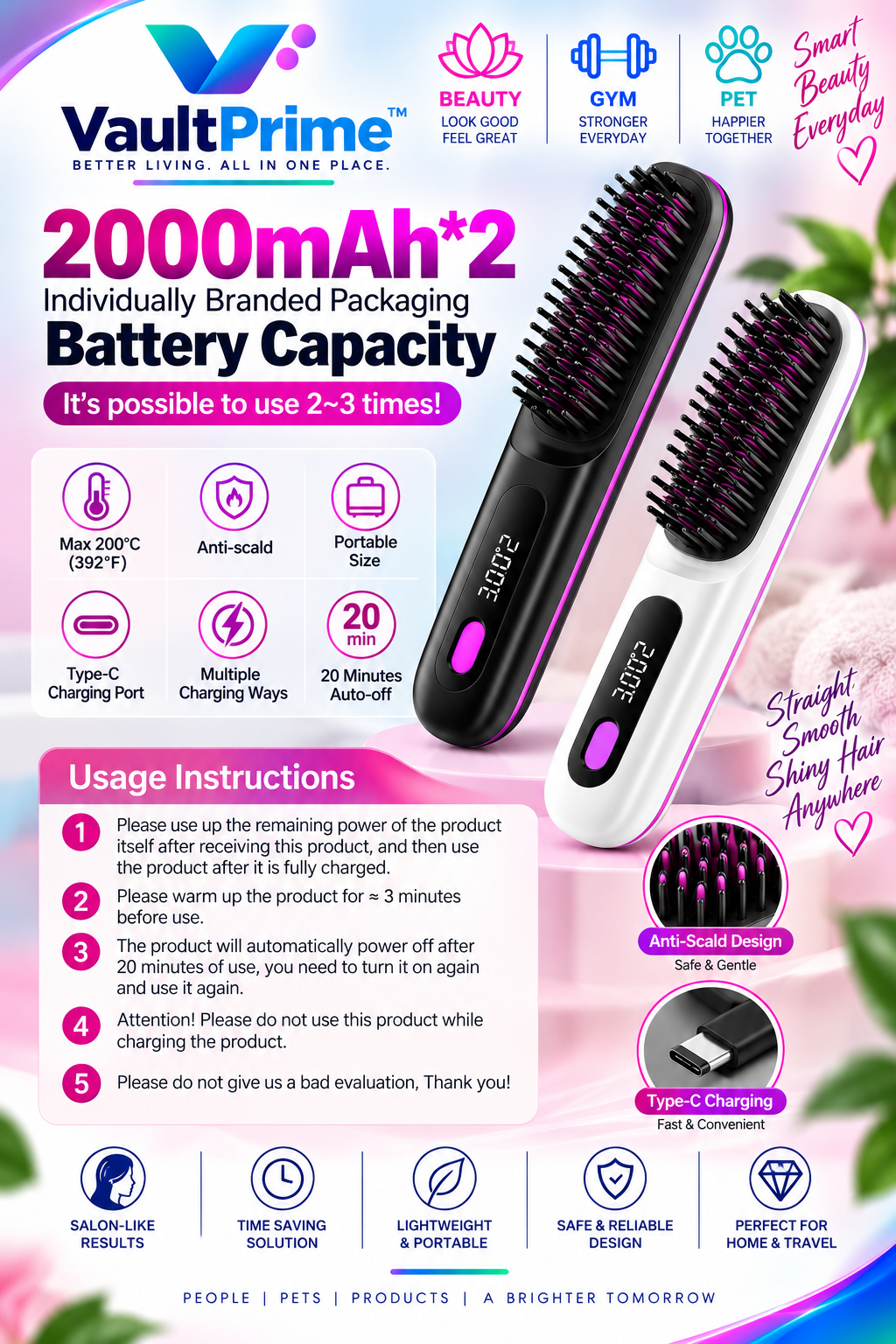 VaultPrime Cordless Hair Straightening Brush