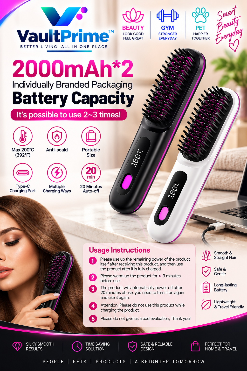 VaultPrime Cordless Hair Straightening Brush - product feature image